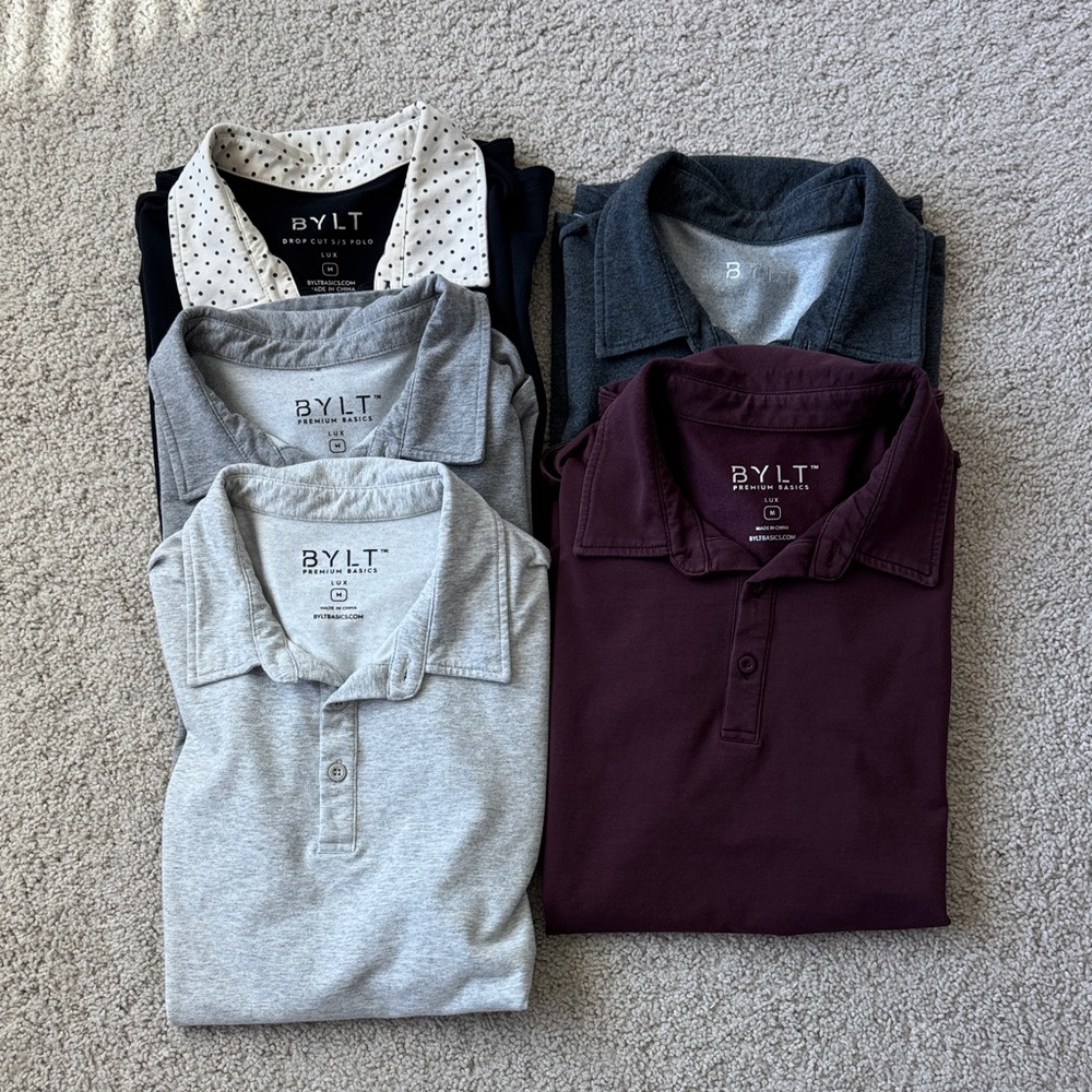 Bundle (5) BYLT Basics Lux Drop-Cut Polos - Men’s Medium -M Gray, Black, Maroon